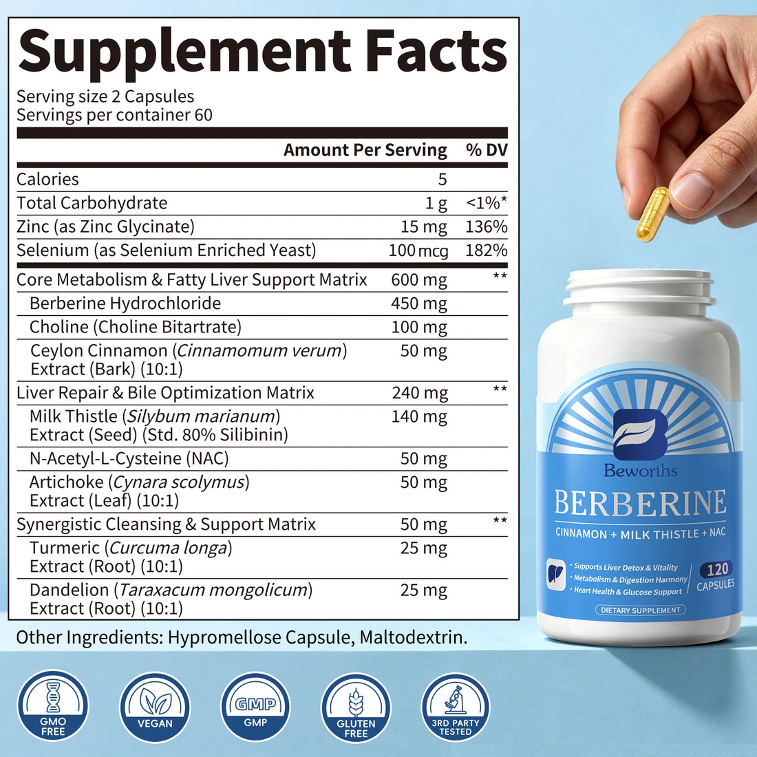 Beworths Berberine Support Liver Deep Detox Liver Repair & Bile Optimization Matrix Liver Health Support Non-GMO,Vegan Friendly