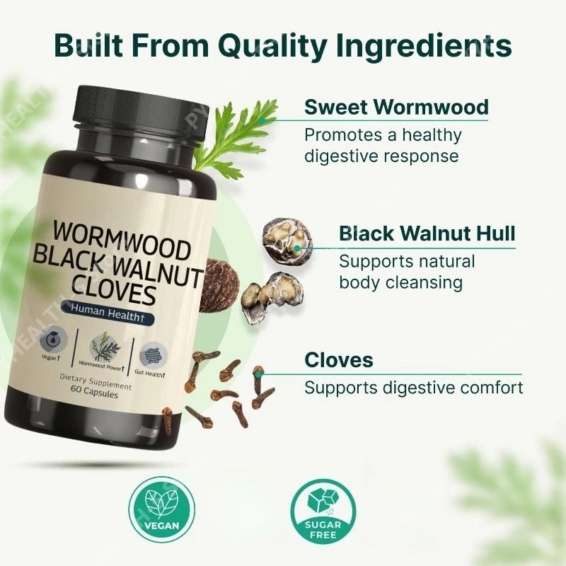 Wormwood Black Walnut Clove Capsules-Supports Digestive Health with Herbal Blend 60 Capsules-Vegan Non-GMO Gut Health Supplement