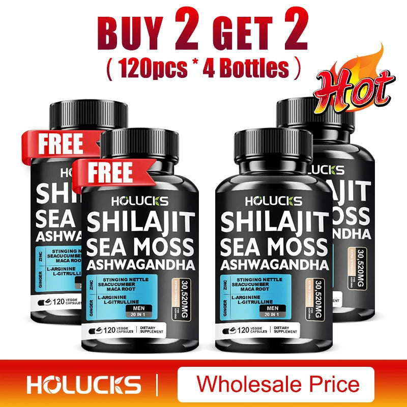 Sea Moss Shilajit Ashwagandha Capsules, Natural Herbal Supplement for Energy, Immune Support, Vitality & Daily Wellness for Men