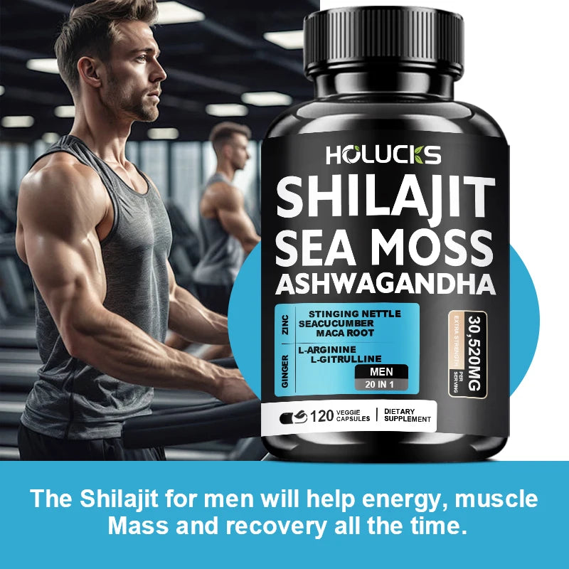 Sea Moss Shilajit Ashwagandha Capsules, Natural Herbal Supplement for Energy, Immune Support, Vitality & Daily Wellness for Men