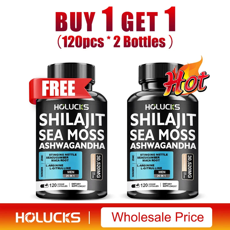 Sea Moss Shilajit Ashwagandha Capsules, Natural Herbal Supplement for Energy, Immune Support, Vitality & Daily Wellness for Men