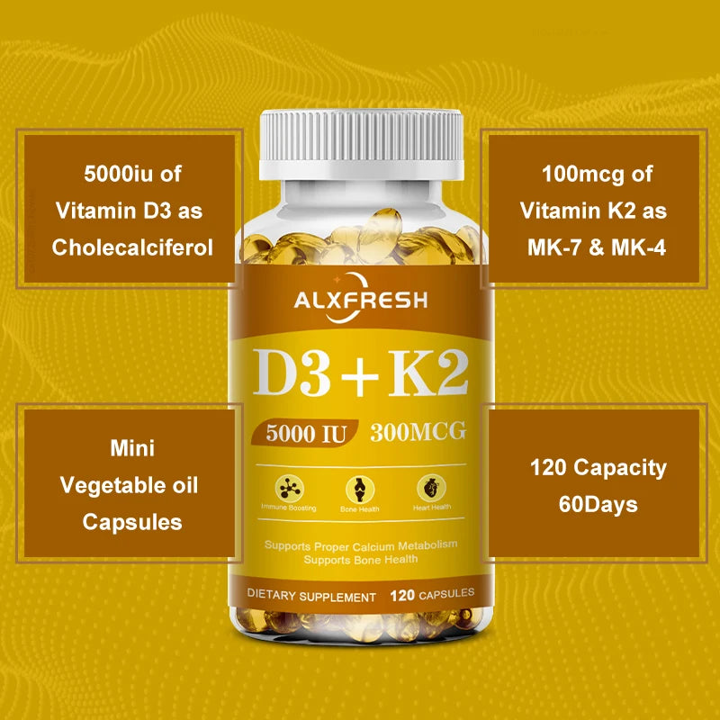 Alxfresh Vitamin D3+K2 Capsules for Immune, Joints, Muscles and Bones Support with Variety of Vitamins and Minerals Supplement