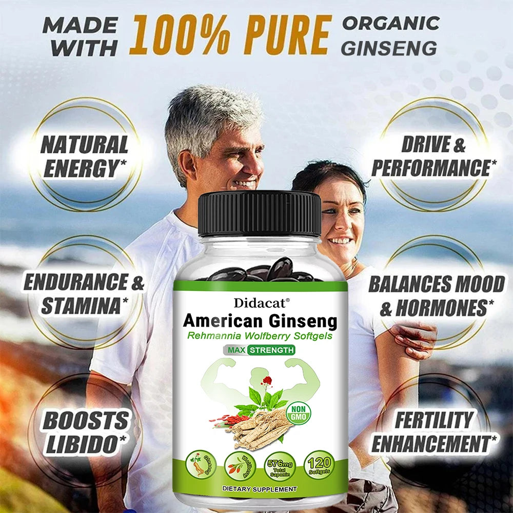 Organic American Ginseng Capsules - 100% Pure Non-GMO, 60 Capsules, Reproductive Immunity Focus & Performance Support