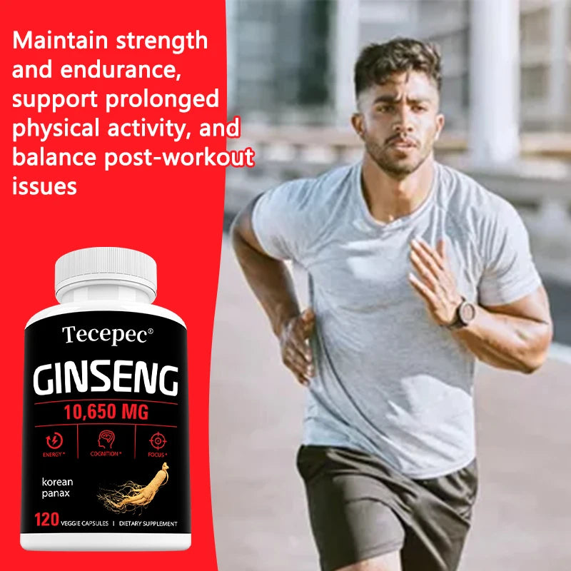 Korean Red Panax Ginseng Capsules 1065mg, Natural Herbal Supplement for Daily Energy Focus Endurance & Immune Wellness Vegan