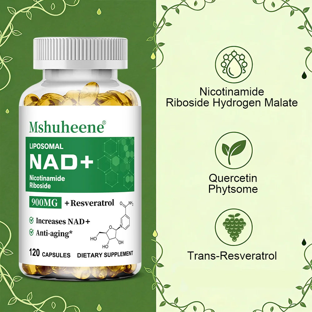 NAD+ Booster Capsules with Quercetin Trans-Resveratrol - Anti-Aging Cell Repair, Energy & Focus, Immune Support, 60/120 Counts