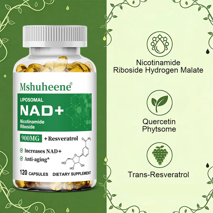 NAD+ Booster Capsules with Quercetin Trans-Resveratrol - Anti-Aging Cell Repair, Energy & Focus, Immune Support, 60/120 Counts