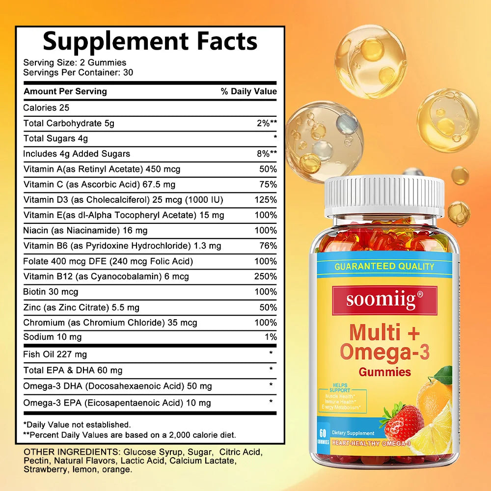 Multivitamin + Omega-3 - Supports Muscle, Immune, and Energy Metabolism Health, Adult Gummy Vitamins & Minerals