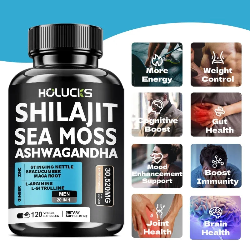 Sea Moss Shilajit Ashwagandha Capsules, Natural Herbal Supplement for Energy, Immune Support, Vitality & Daily Wellness for Men