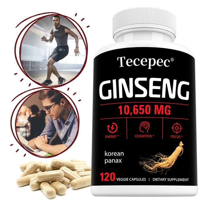 Korean Red Panax Ginseng Capsules 1065mg, Natural Herbal Supplement for Daily Energy Focus Endurance & Immune Wellness Vegan