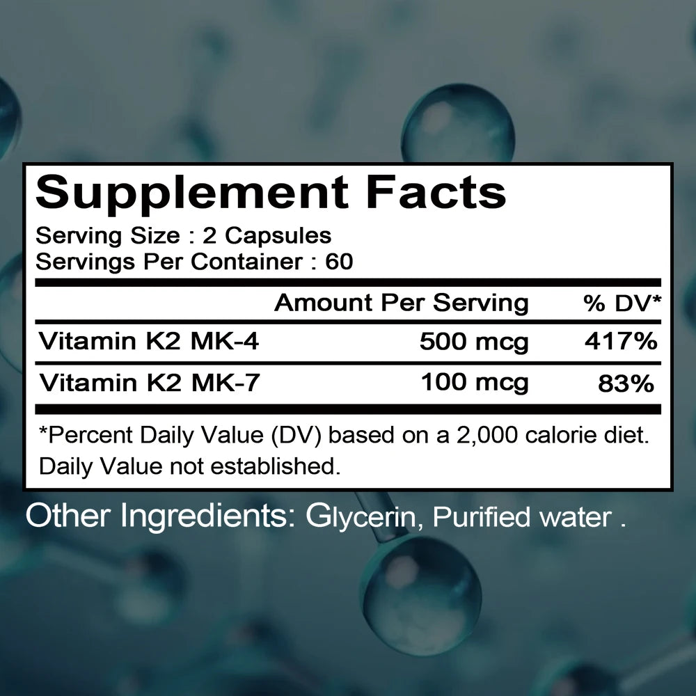 Vitamin K2 Capsules - with 500 Mcg MK-4 and 100 Mcg MK-7 - Supports General Health and Bone Strength