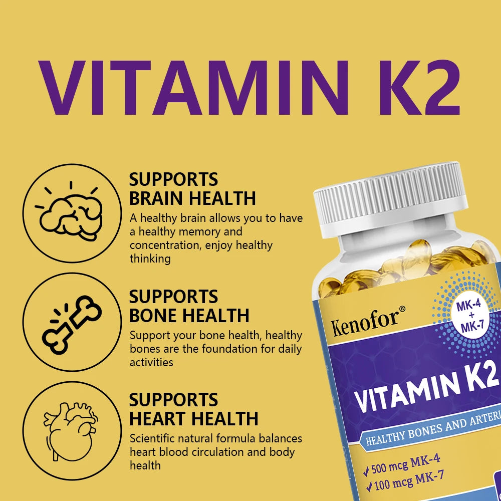 Vitamin K2 Capsules - with 500 Mcg MK-4 and 100 Mcg MK-7 - Supports General Health and Bone Strength