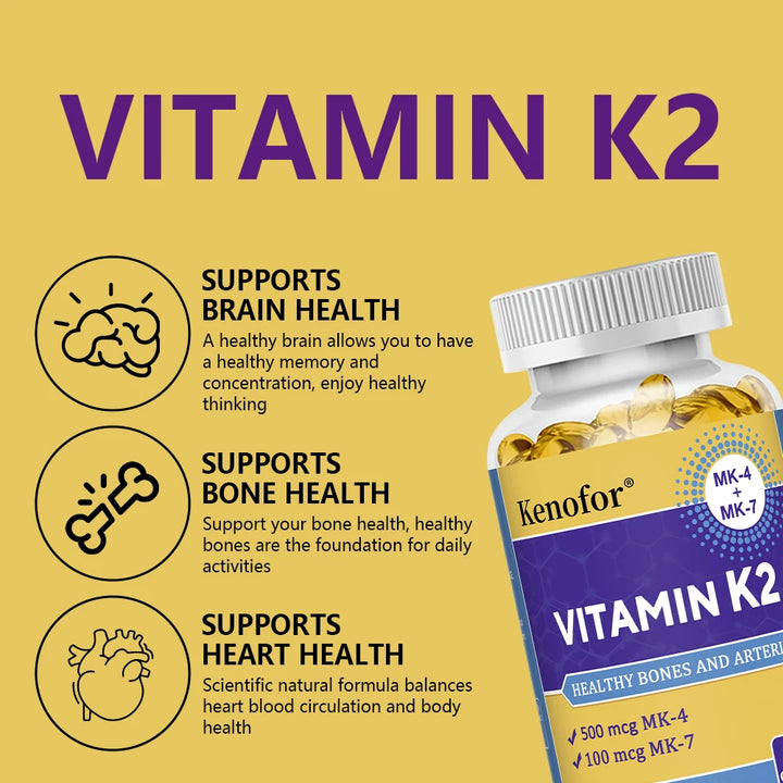 Vitamin K2 Capsules - with 500 Mcg MK-4 and 100 Mcg MK-7 - Supports General Health and Bone Strength