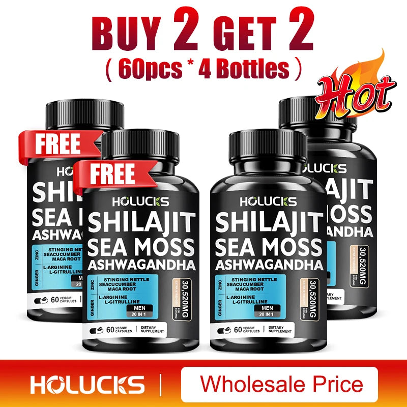 Sea Moss Shilajit Ashwagandha Capsules, Natural Herbal Supplement for Energy, Immune Support, Vitality & Daily Wellness for Men