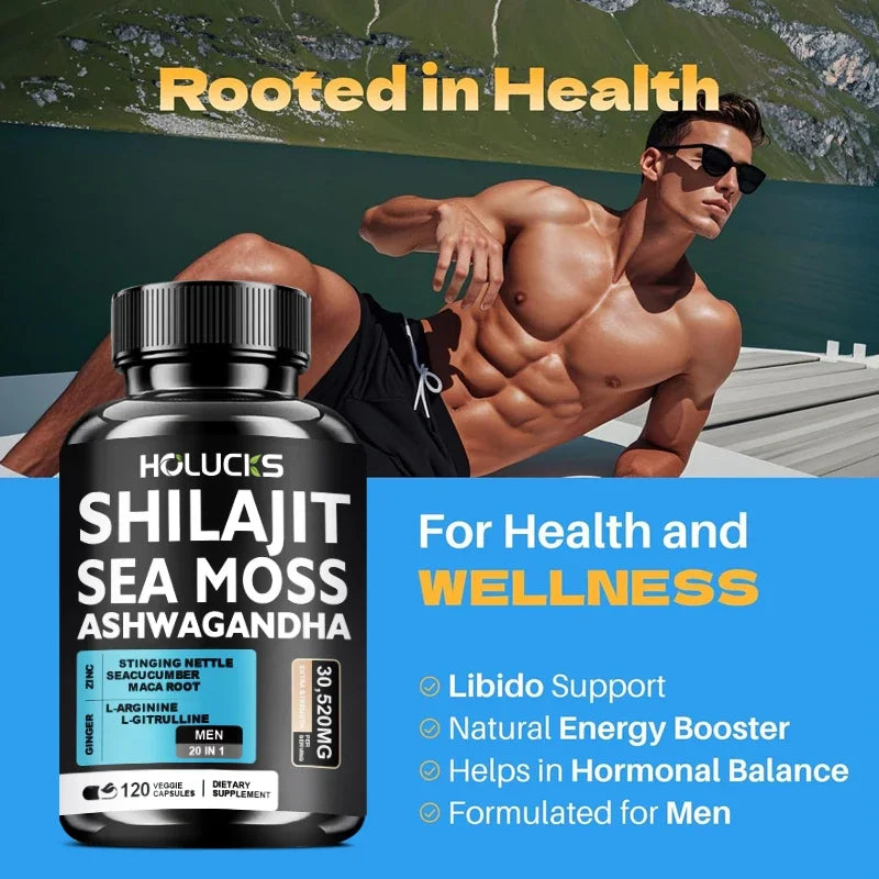 Sea Moss Shilajit Ashwagandha Capsules, Natural Herbal Supplement for Energy, Immune Support, Vitality & Daily Wellness for Men