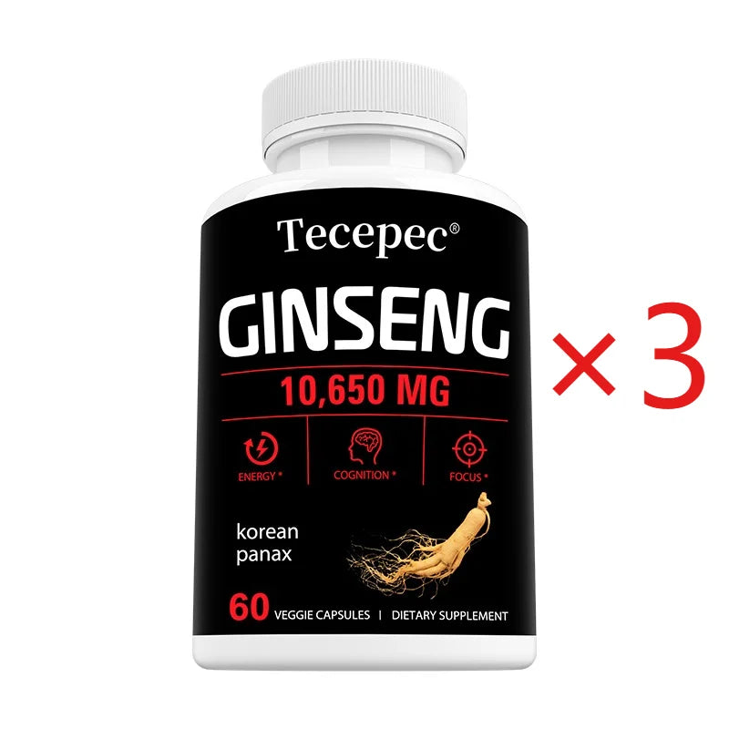 Korean Red Panax Ginseng Capsules 1065mg, Natural Herbal Supplement for Daily Energy Focus Endurance & Immune Wellness Vegan