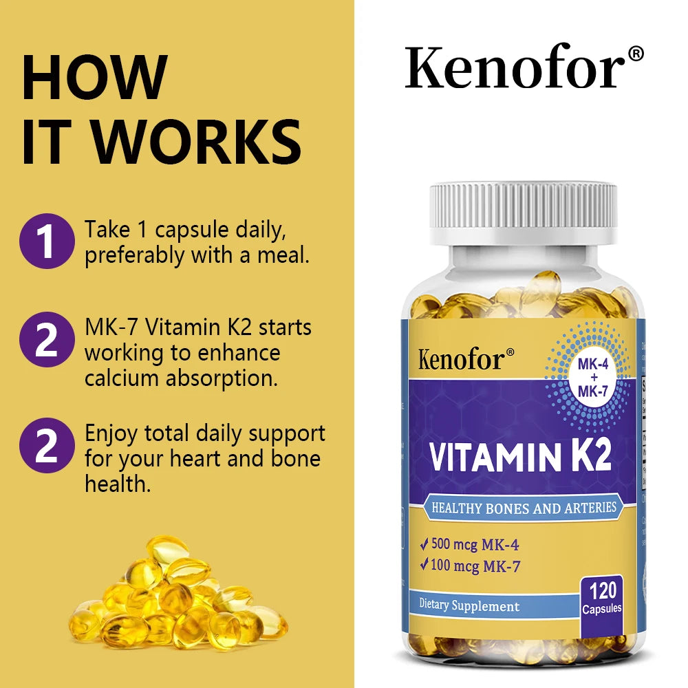 Vitamin K2 Capsules - with 500 Mcg MK-4 and 100 Mcg MK-7 - Supports General Health and Bone Strength