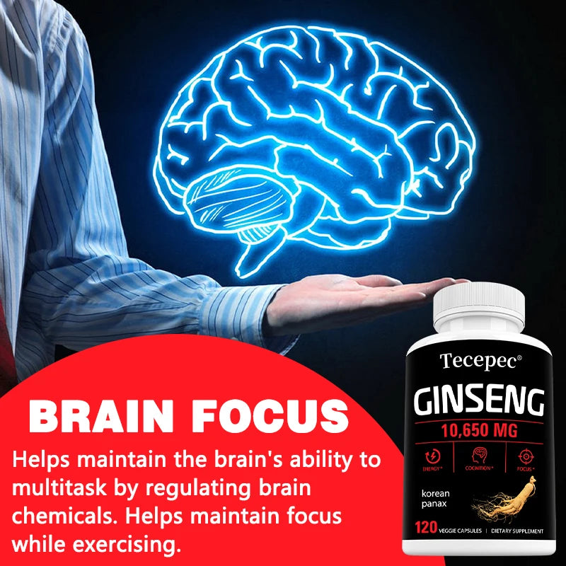 Korean Red Panax Ginseng Capsules 1065mg, Natural Herbal Supplement for Daily Energy Focus Endurance & Immune Wellness Vegan